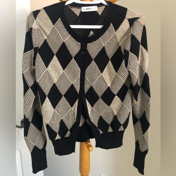 DEAL!!Black, gold, argyle pattern cardigan, small - Picture 1 of 6